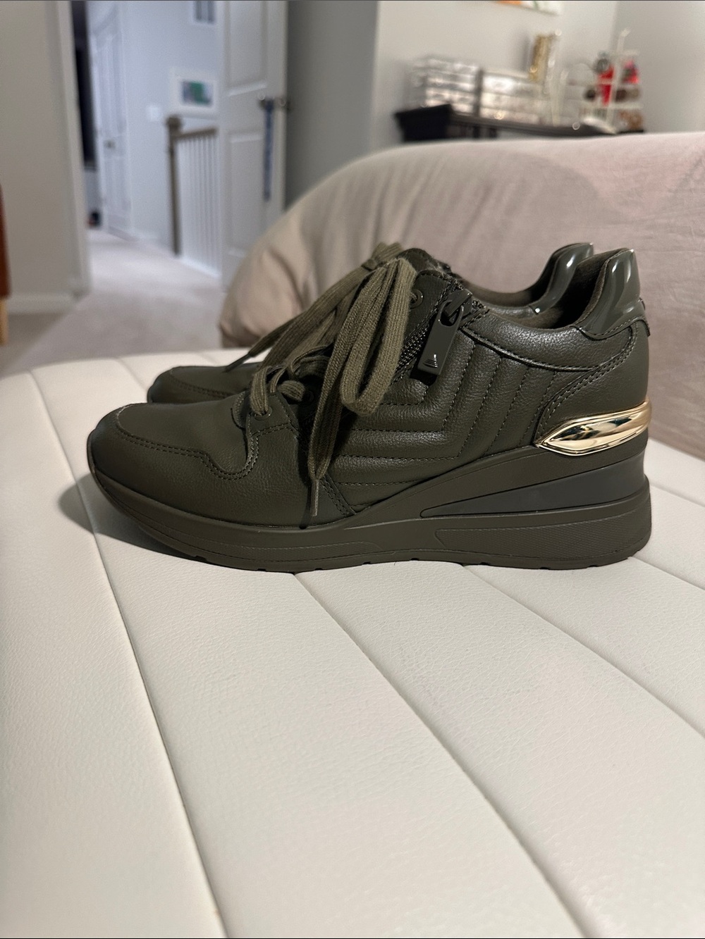 Aldo Olive Green Wedge Sneakers with Gold Accent